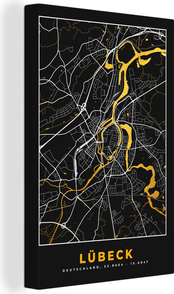 OneMillionCanvasses - Leinwandbilder - 90x140 cm, Lübeck - Karte - Gold - Stadtplan - Deutschland, Wandbilder Kunstdruck Wanddekoration - Foto a...