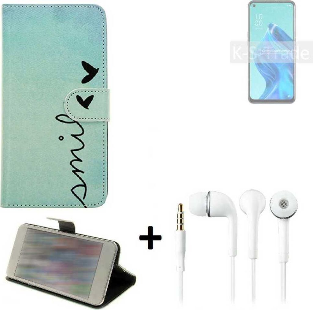 K-S-Trade Schutz Hülle Handy Hülle kompatibel mit Oppo Reno5 A 5G 360° Wallet Case Schutz Hülle ''smile'' inkl. Ohrstöpsel Smartphone cover