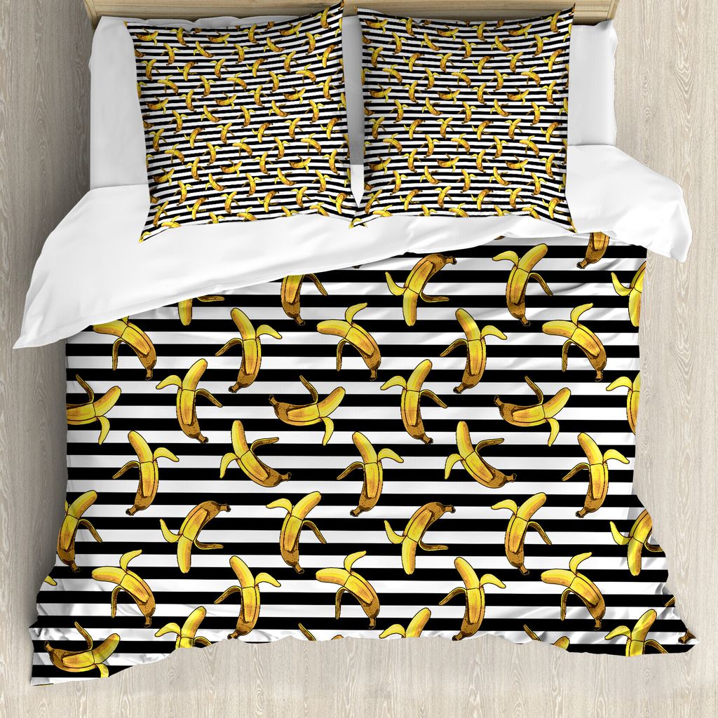 ABAKUHAUS Indie Bettbezug, Stripes Tropical Bananen, Milbensicher Allergiker geeignet mit Kissenbezügen, 200 cm x 200 cm - 80 x 80 cm, Schwarz, We...