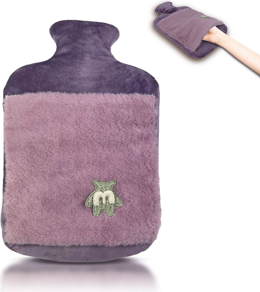 Wärmflasche 2.0L mit Deckel und Kuschelweichem Fellbezug, Kängurutasche - Auslaufsicher, Bettflasche mit weichem Abnehmbarem Bezug(Bär korallenrot)