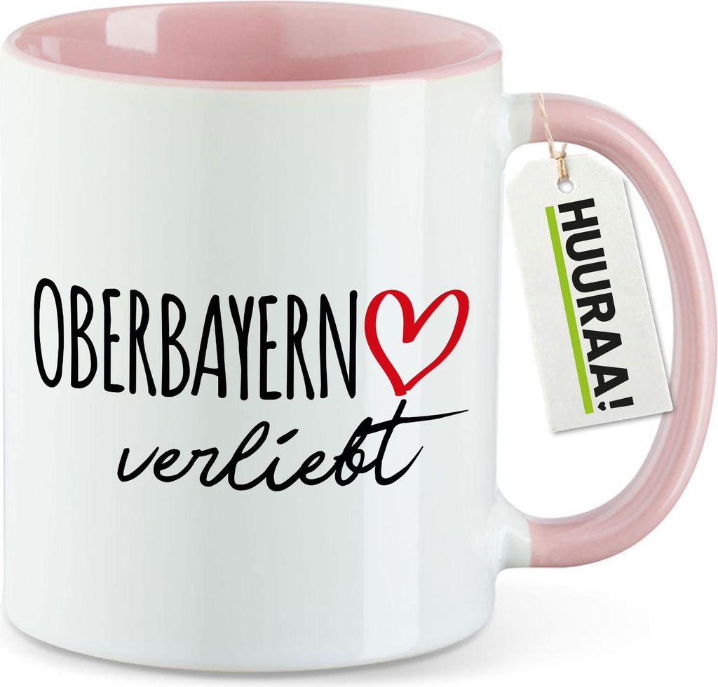 Huuraa Kaffeetasse Oberbayern verliebt 330ml Rosa Keramik Kaffeebecher Geschenkidee