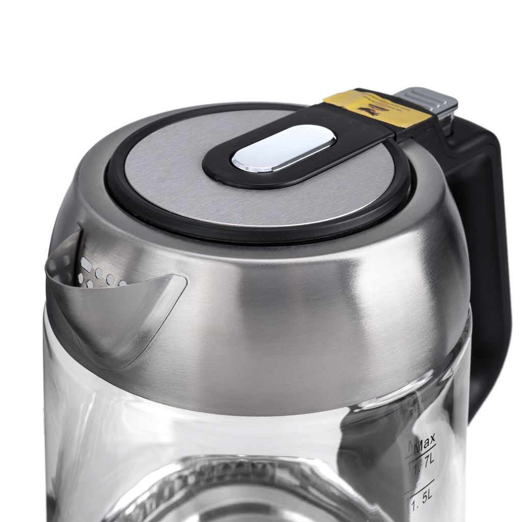 Wasserkocher 1,7L (2200W) aus Glas und Edelstahl, LED-Beleuchtung, OneTouch-Verschluss, Kabelaufwicklung, Glas, 100% BPA FREI SN0617L-12