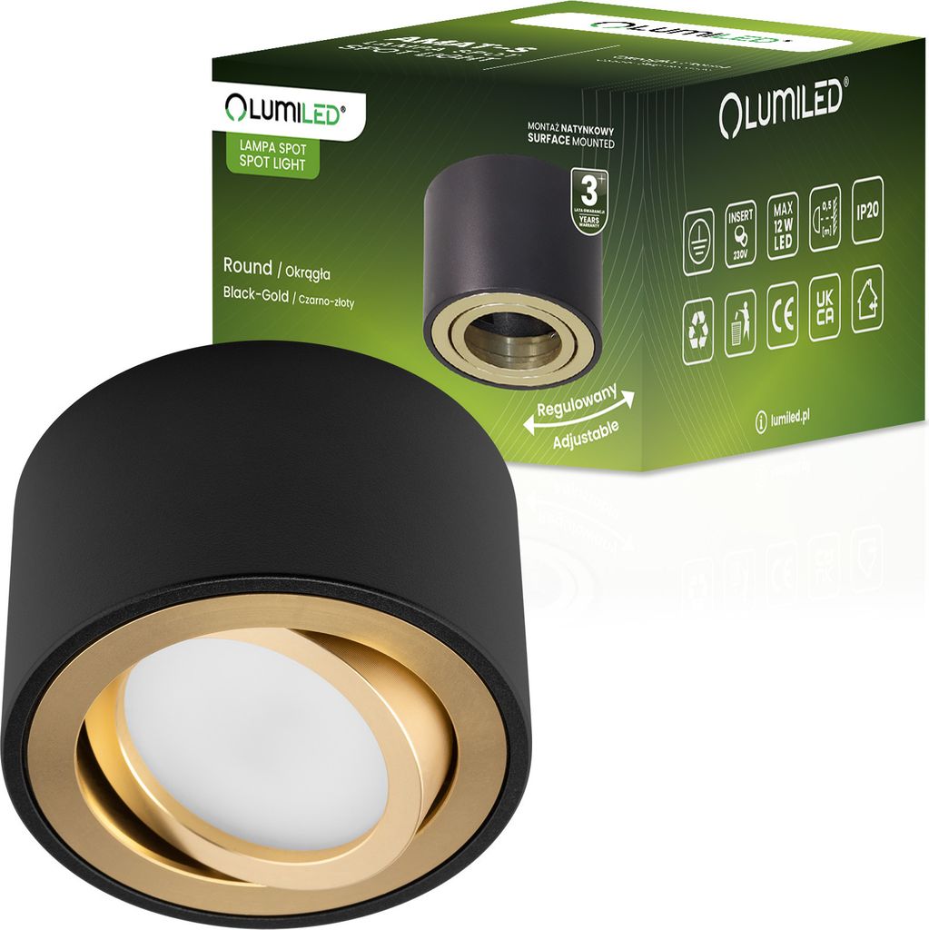 LUMILED Aufbauleuchte Aufbaustrahler Aufputz für LED Modul INSERT Deckenspot Downlight schwenkbar Spot Deckenlampe Rund Gold Schwarz 52mm