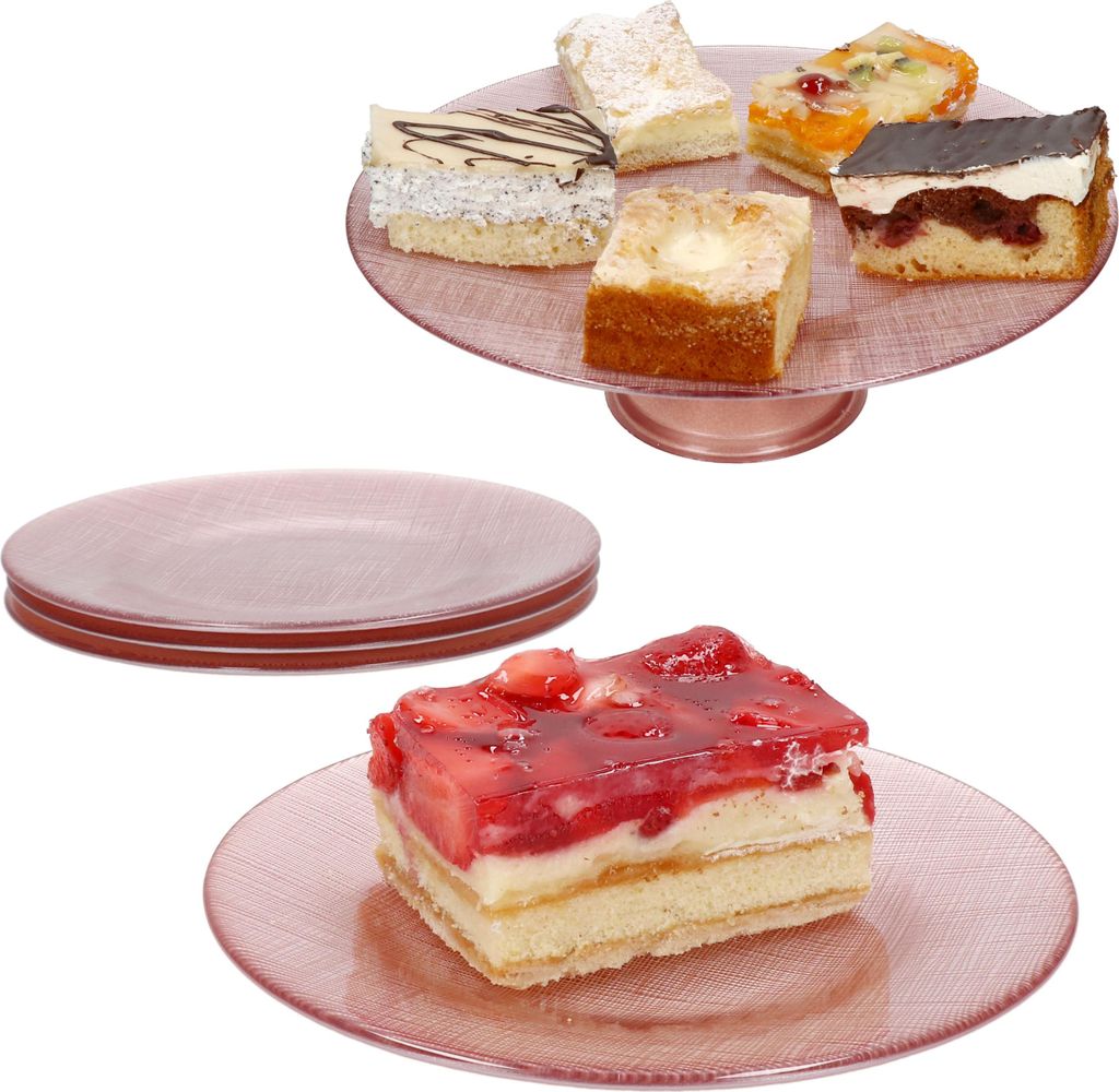 Camino 5tlg Tortenplatten-Set 1x Kuchenplatte + 4x Teller Glas Rosa