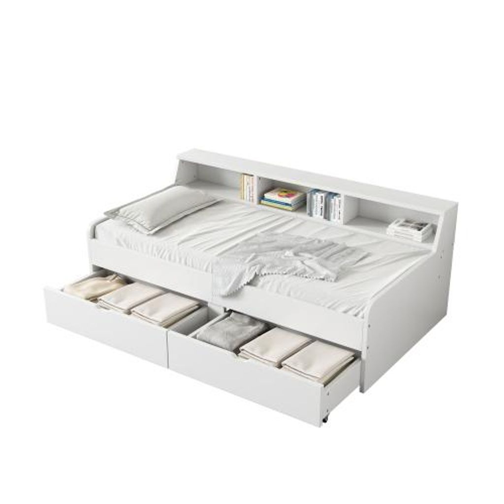 Massivholzbett mit Lattenrost, Schubladen und Regal (90x200 Produktbild 