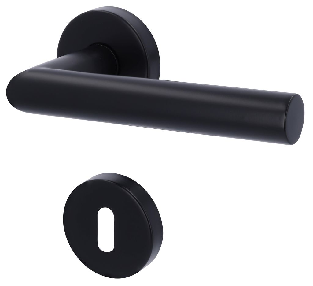 A black door handle set with a keyhole escutcheon on a white background.