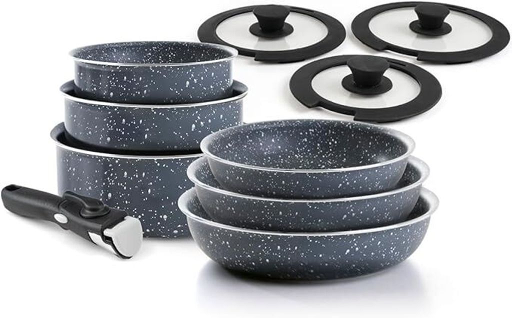 A set of cookware, including pots, pans, lids, and a detachable handle, arranged on a white background.