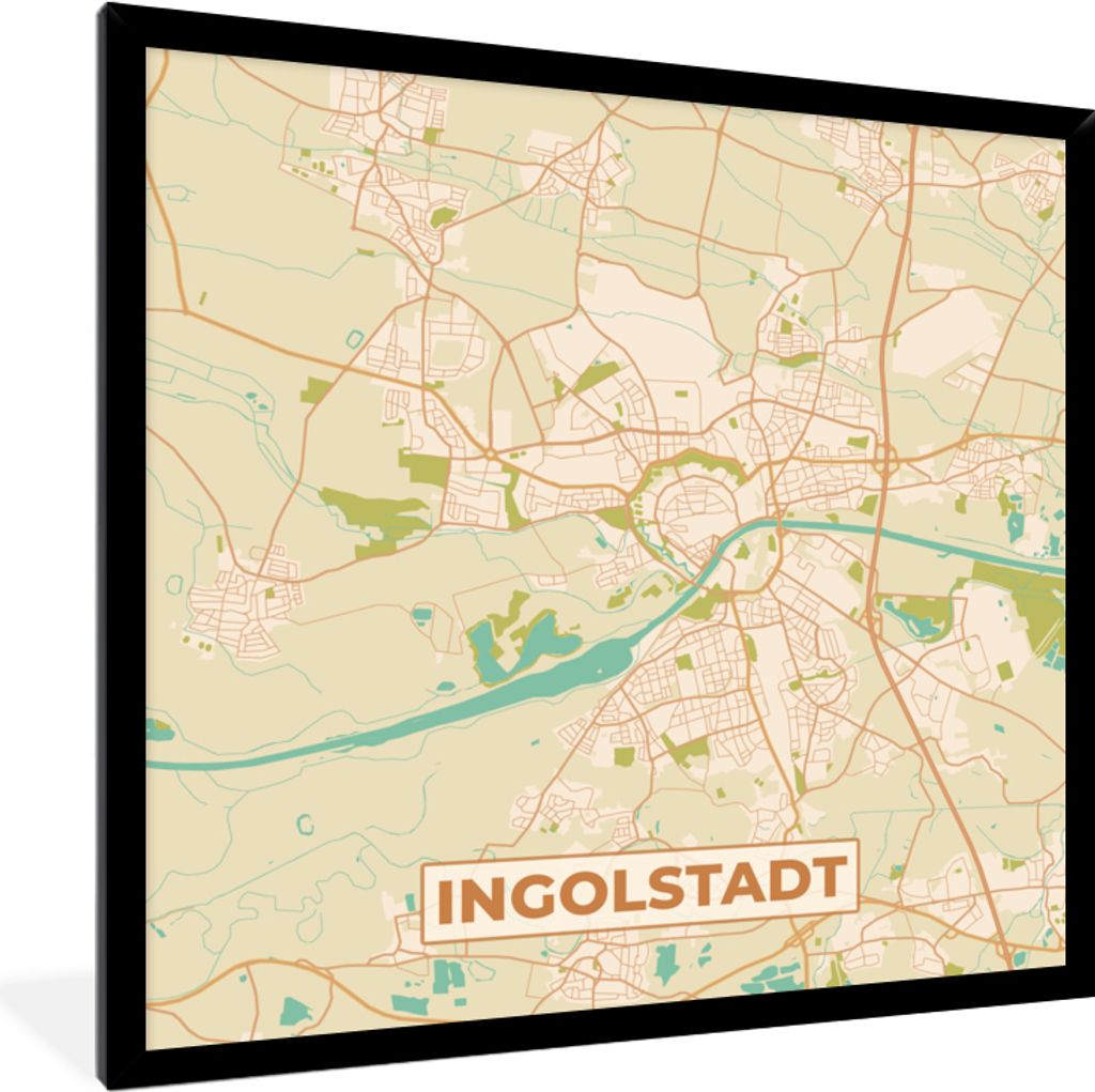 MuchoWow Gerahmtes Poster Karte - Ingolstadt - Karte - Stadtplan - Vintage 40x40 cm - Poster mit Schwarzem Bilderrahmen Wandposter Rahmen Foto Bi...