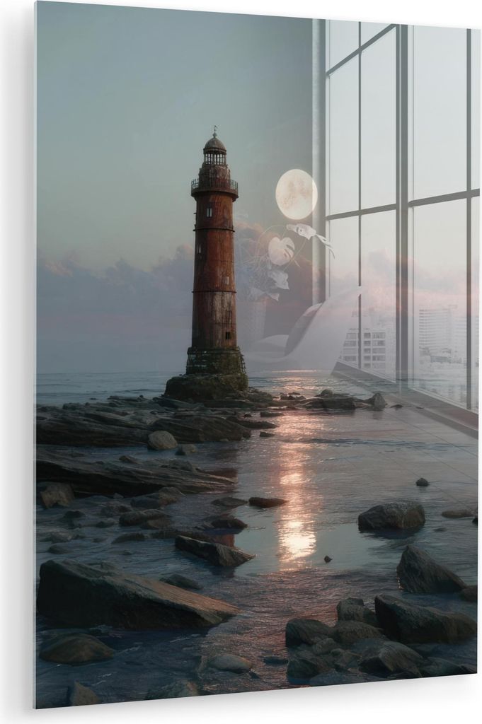 MuchoWow Glasbilder - Bilder auf Wandbild - Foto auf Glas Leuchtturm - Steine - Wasser - Mond 30x40 cm Wanddekoration aus Glas - Acrylglasbild - Ac...