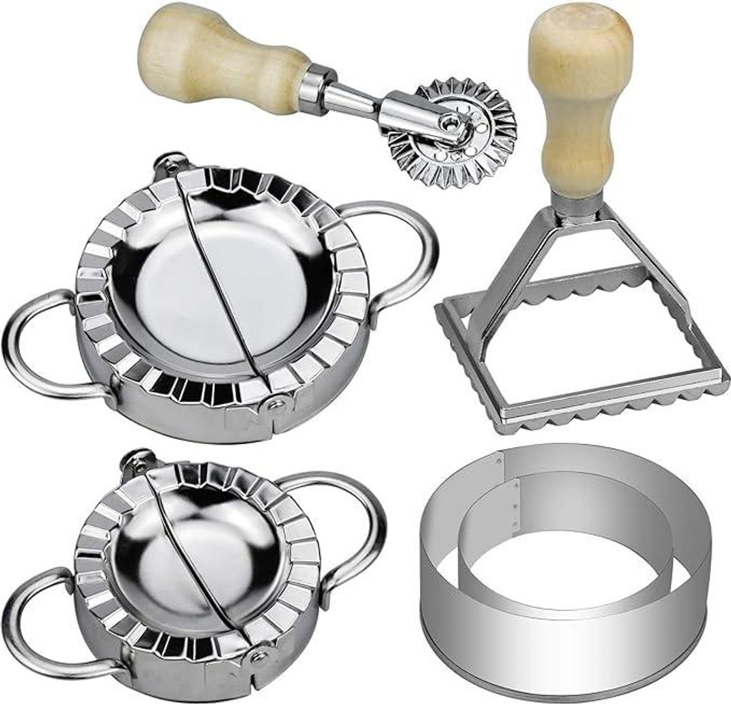 6-teiliges Ravioli- und Teigtaschen-Set, Ravioli-Rad aus Edelstahl, runder Ravioli-Ausstecher, Teigtaschenmaschine mit Holzgriff zur Herstellung vo...