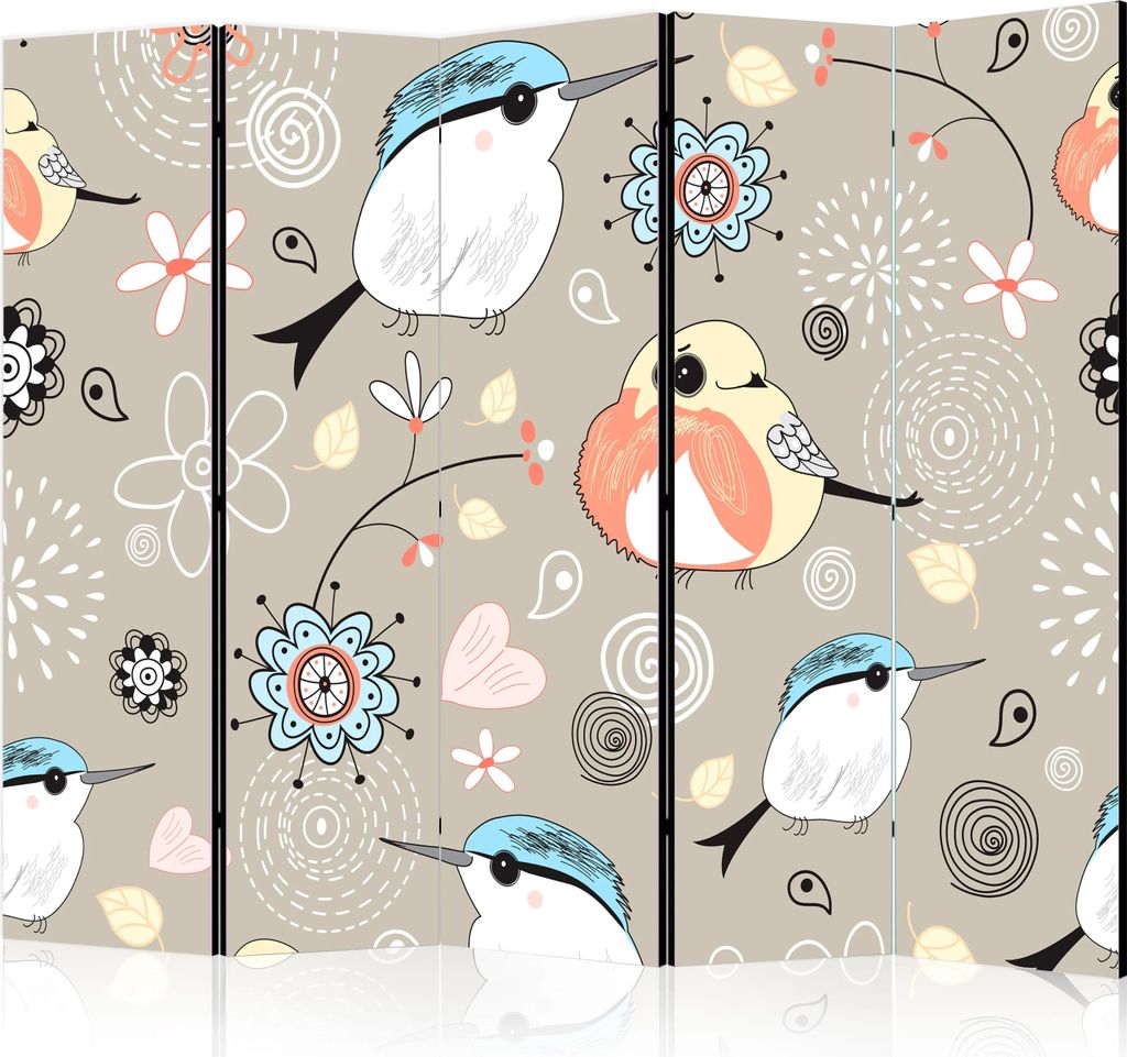 5-teiliger Doppelseitiger Vlies Paravent - Natural pattern with birds II 225x172 cm Für Kinder g-C-0177-z-c