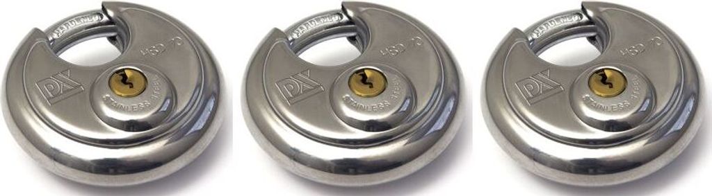 3 x Rundes Vorhängeschloss 70 mm - Gleichschliessend - mit 6 Schlüssel