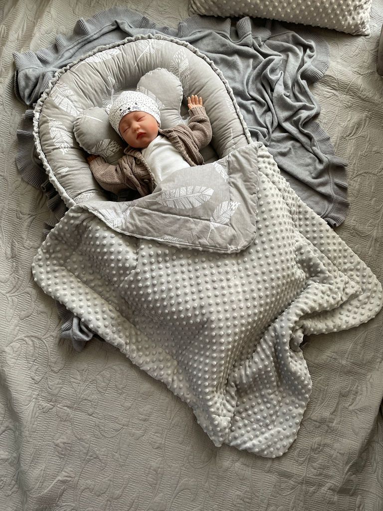 MINKY Grau/FEDER Grau Babynestchen Unterlage 3 Tlg SET Babynest Wicleklunterlage Reisebett Babydecke Babyausstattung 4 Jarhreszeiten PREMIUM Geschenk