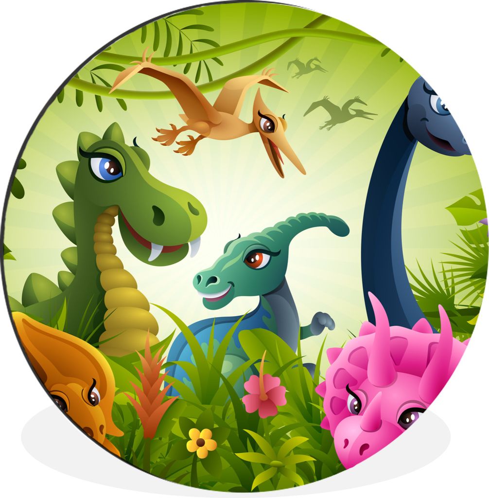 MuchoWow Aluminium Wandkreis Dinosaurier - Tiere - Dschungel - Illustration - Baby - Jungen - Mädchen - Kinder Ø 90 cm Wanddeko Modern Wohnzimm...