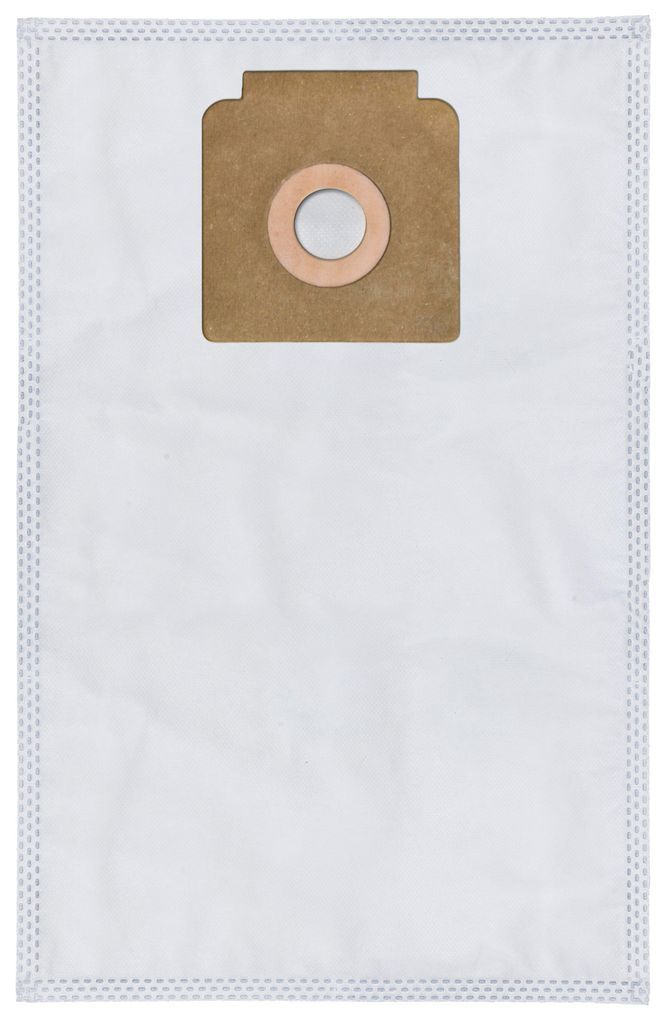 A white vacuum cleaner bag with a brown cardboard attachment for insertion.