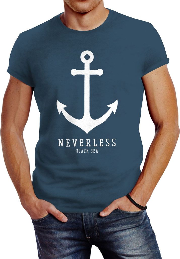 Herren T-Shirt Anker Nautical Sailor Segeln Slim Fit Neverless denim blue S