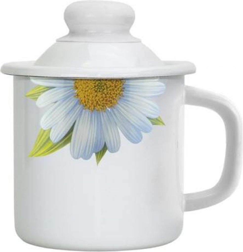 Halb-Blume Emaille Tasse Becher mit Deckel 1 Liter ca 12cm Durchmesser Erdbeeren / Retro Nostalgie Geschirr