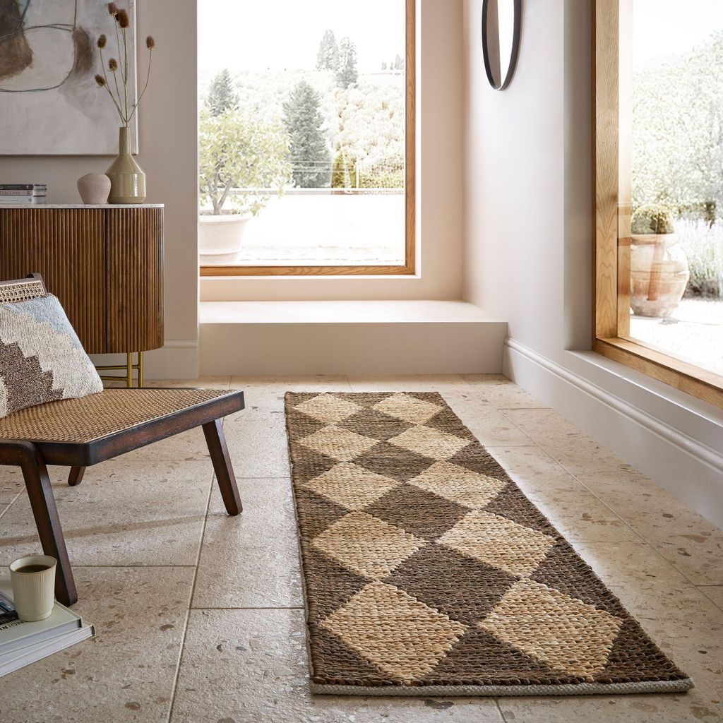 Teppich Jute Flachgewebe Rauten Muster, Wohnzimmer Braun Läufer 80x230 | 73% Jute, 27% Baumwolle | Florhöhe: 0 cm | Flachgewebt