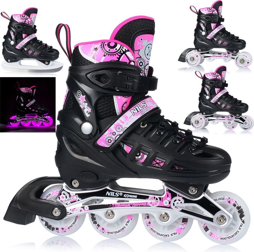 A collage of images showing inline skates and ice skates, with a focus on the inline skates.