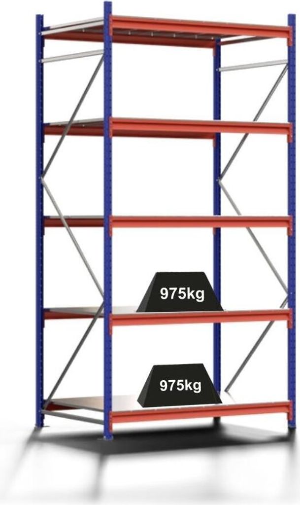 Weitspannregal MOOSE Stecksystem Omega-Profil | Grundregal | HxBxT 300x150x100cm | 5 Ebenen | Spanplatten-Fachboden | Fachlast 975kg | Enzianblau/R...