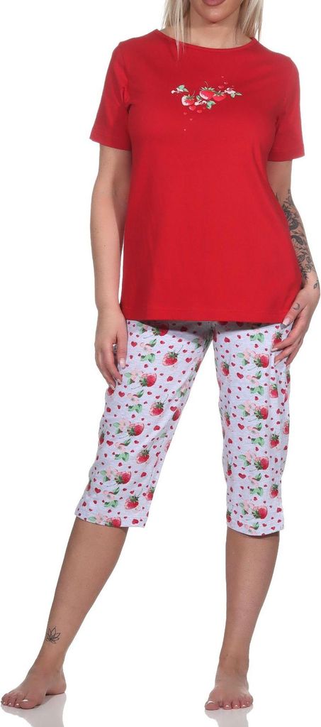 Süsser Normann kurzarm Damen Capri Schlafanzug Pyjama mit Erdbeeren als Motiv ; rot , 36