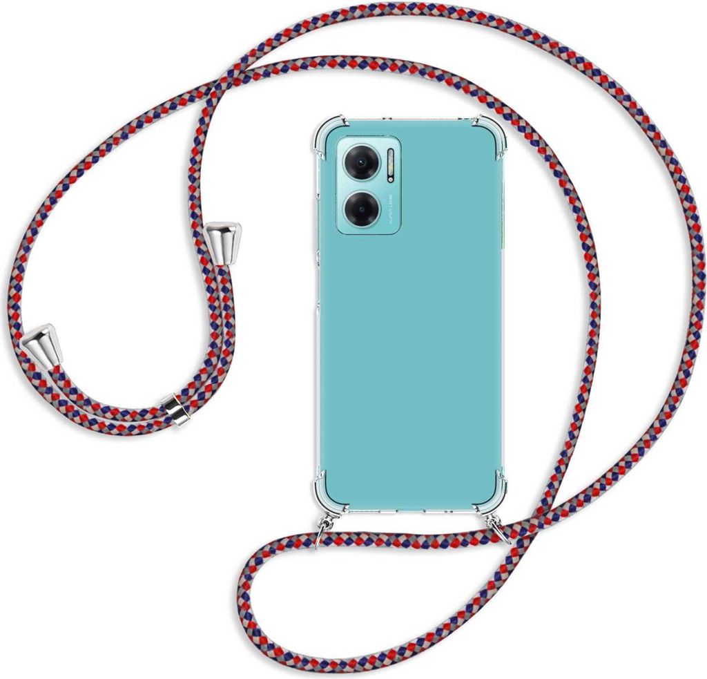 Handykette Backcover-Schutzhülle mit Band (Metall silberfarben) für Xiaomi Redmi 10 5G / Note 11E - silber/blau/rot