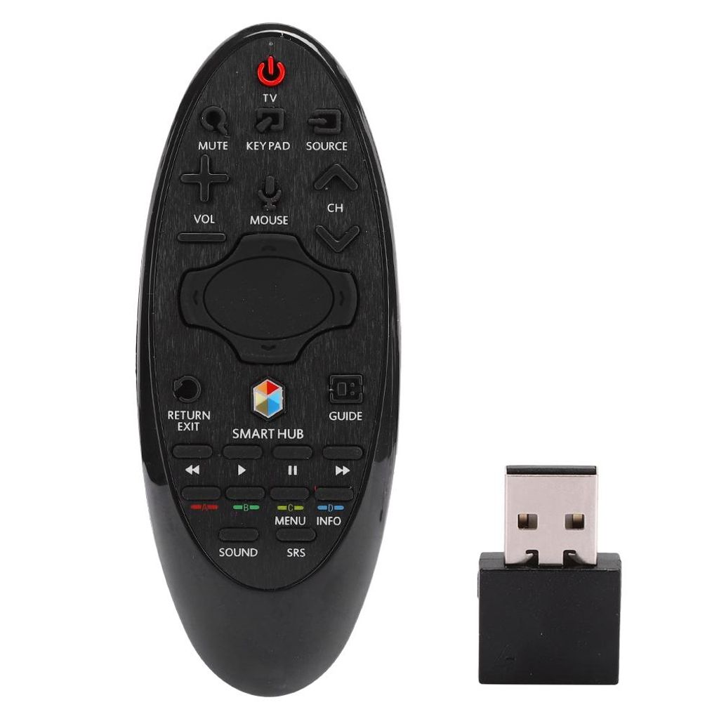 A black TV remote control and a USB dongle are shown against a white background.