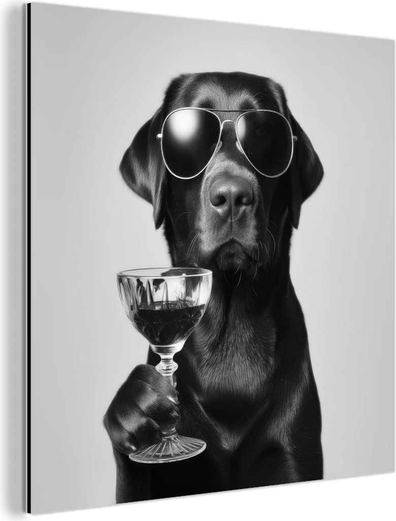 MuchoWow Wanddekoration Metall Metallbild Wandkunst 50x50 cm Hund - Schwarz - Weinglas - Sonnenbrille MuchoWow Aluminium Gemälde - Alubild - Indus...
