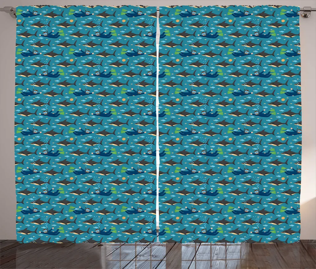 Rideau rustique Océan ABAKUHAUS avec requins et plongeur 280 x 225 cm