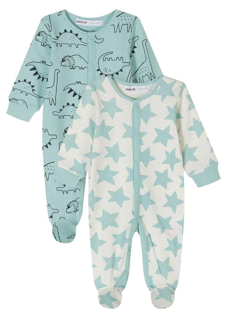 Minoti - Schlafanzug für Baby-Jungs, Langärmlig (2er-Pack) MN677 (9-12 Monate (Baby)) (Minzgrün/Weiß)