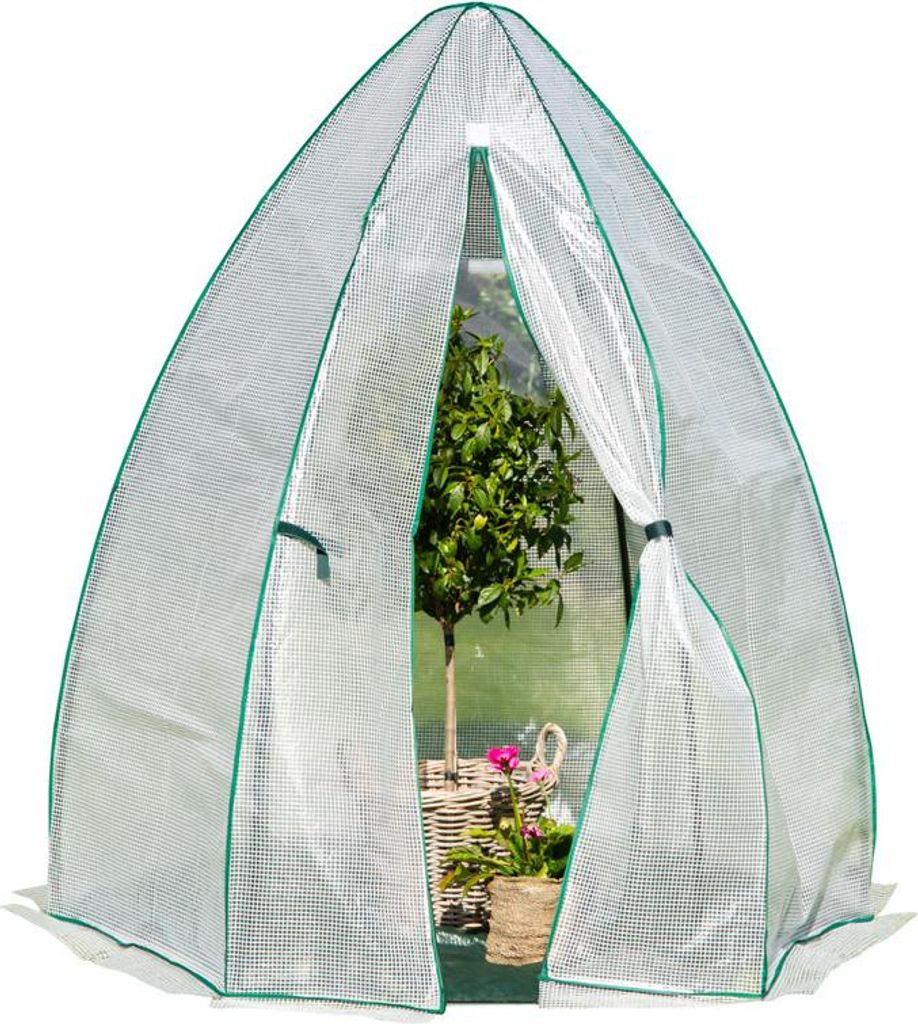 A greenhouse tent with a small tree and potted plants inside.