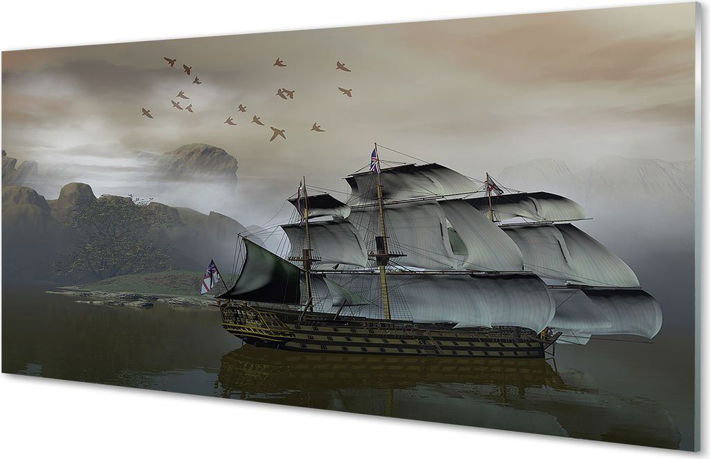 Glasbilder 100x50 Wandkunst Schiff Meer Berge