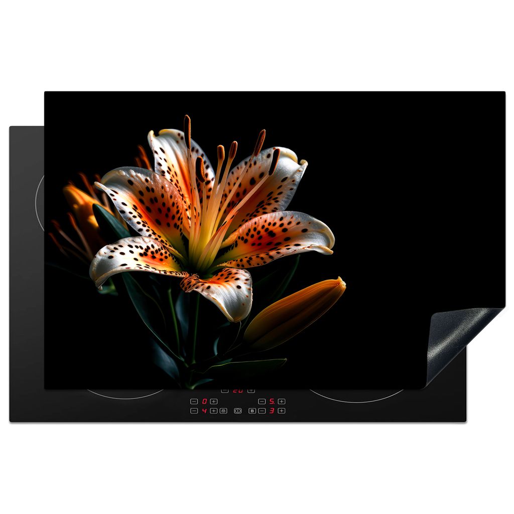 KitchenYeah Herdabdeckplatte Blumen - Lilie - Orange - Porträt - Schwarz , 80x52cm, Küche Deko, Glaskeramikkochfeld Herdabdeckung, Abdeckplatte...