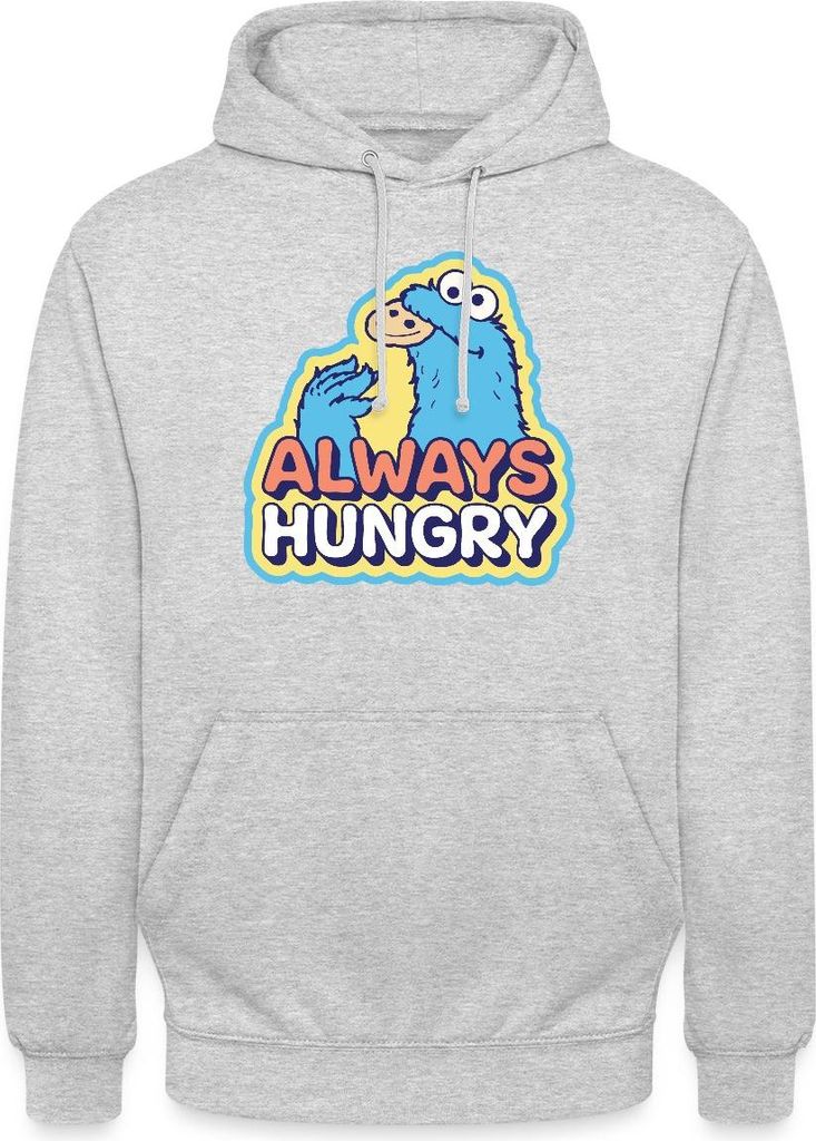 Spreadshirt Sesamstraße Krümelmonster Design Always Hungry Uni Hoodie, S, Hellgrau meliert