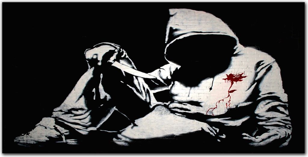 Coloray - Bild aus Glas - Glasbilder - 100 x 50 cm - Küche Wanddekoration Dekoration Wohnzimmer Gehärtetes Glas Glasblock mit Bild - Messer Banksy