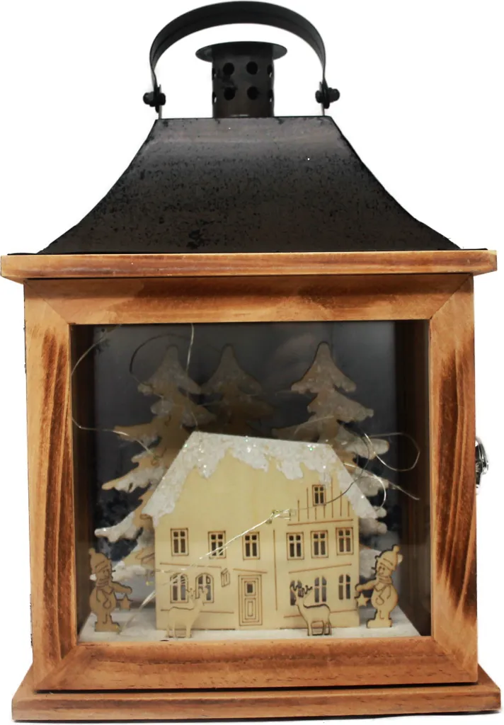 Lanterne LED pour ambiance chalet de Noël avec décor maison en bois