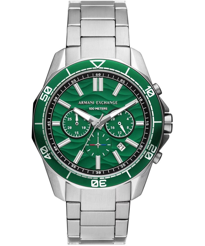 A close-up, front-facing studio shot of an Armani Exchange men's watch with a green dial and silver band.