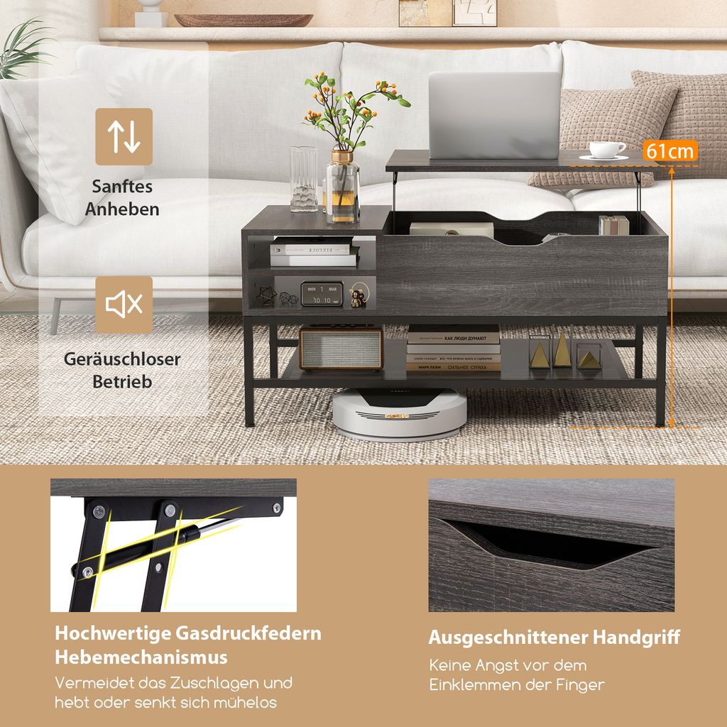 Doyisy Couchtisch Mit Anhebbarer Platte - Ausziehbares Regal 110x55,5cm