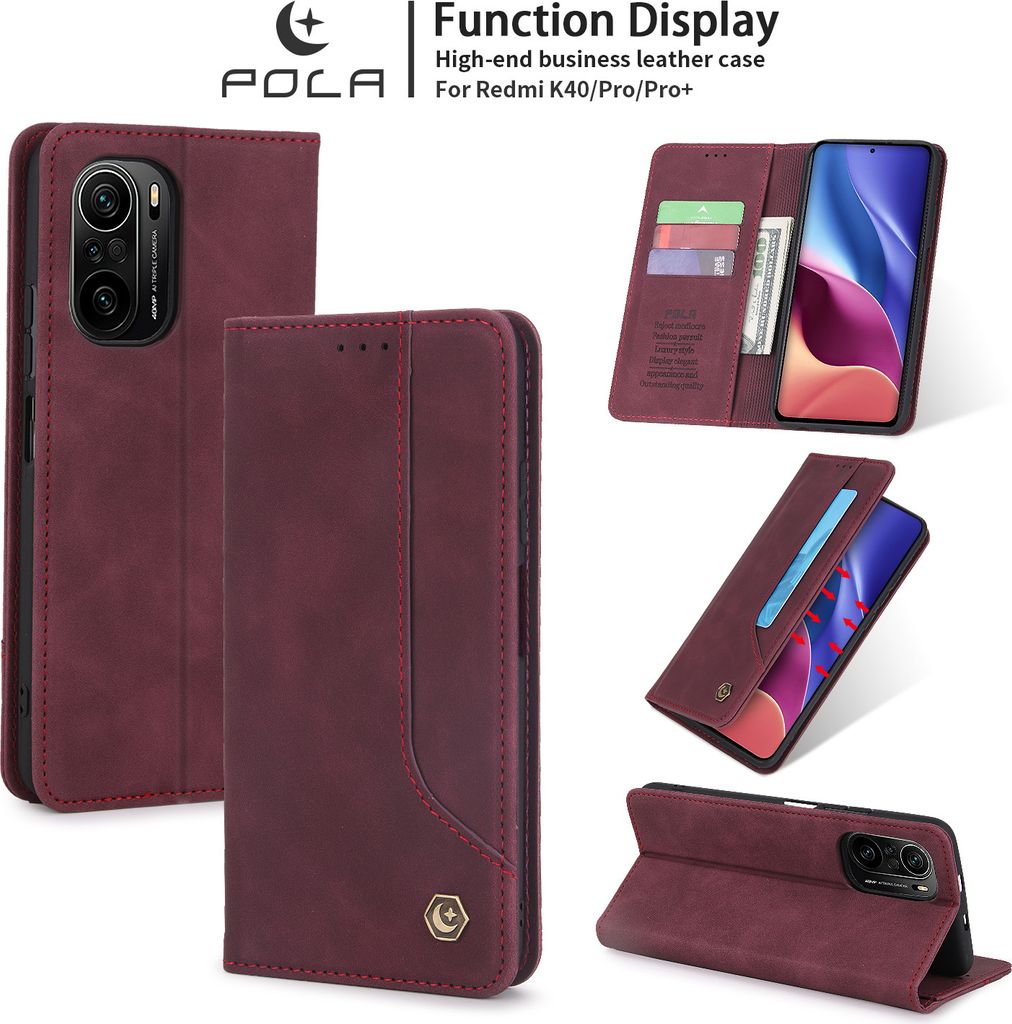 Redmi K40 Hülle, LaimTop Retro Kunstledertasche Schutzhülle mit Kartenfach Standfunktion für Xiaomi Redmi K40 / K40 Pro / K40 Pro+ Rot