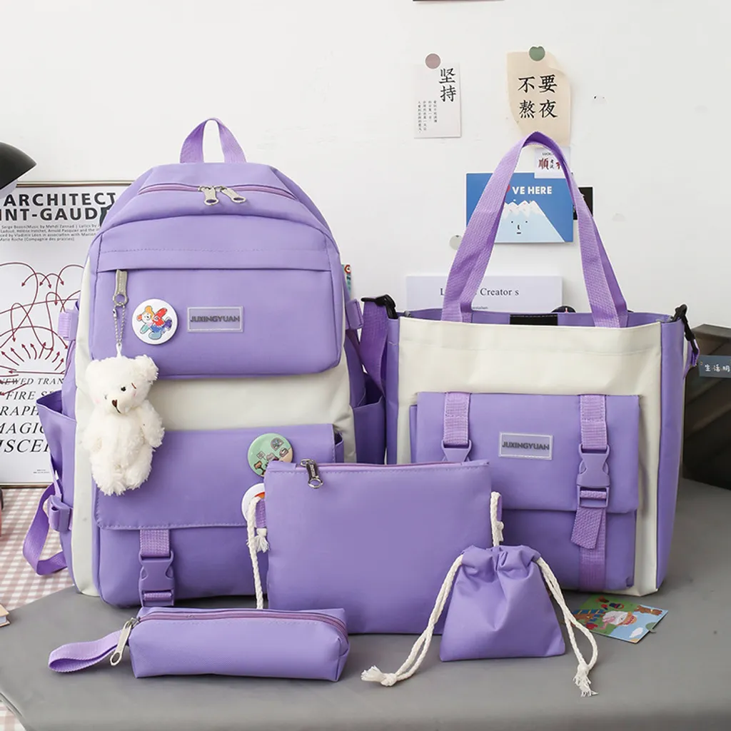 Ensemble 5 pièces sac à dos scolaire violet pour fille et adolescente