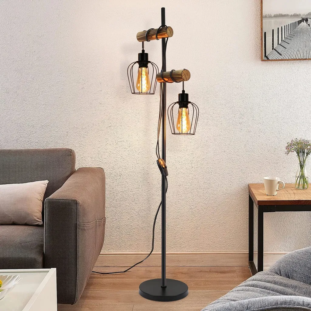 Lampadaire Bois Noir 2 Lampes E27 - Solution Éclairage Rétro pour Grand Salon