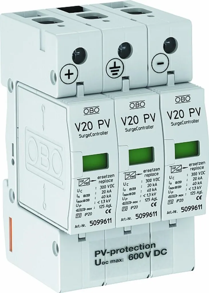 Parafoudre débrochable triphasé V20-C 600V OBO Bettermann pour Tableau