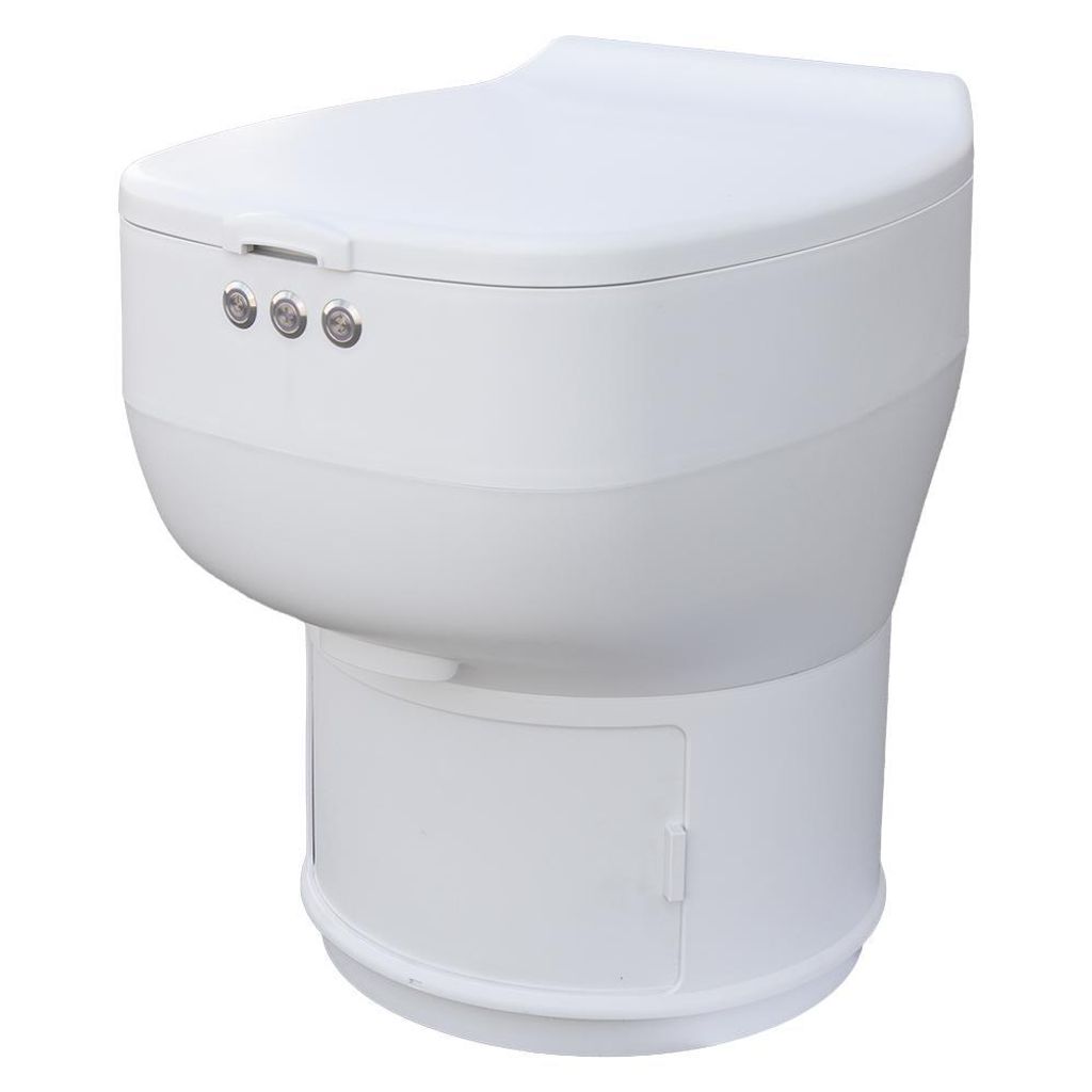 A white toilet with a closed lid and a small door at the base, isolated on a white background.