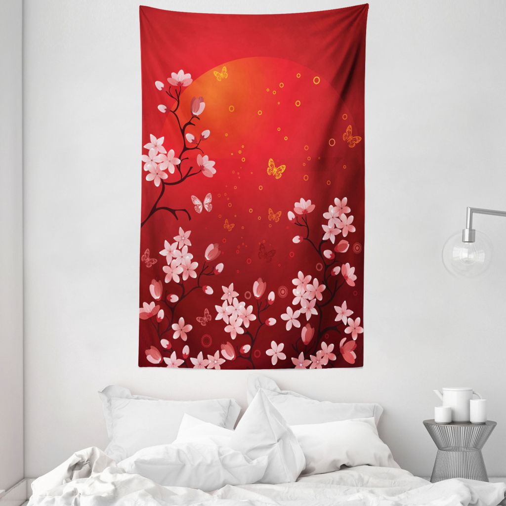 ABAKUHAUS rot Wandteppich und Tagesdecke, Abstrakter Sonnenuntergang und Sakura aus Weiches Mikrofaser Stoff Waschbar ohne Verblassen Digitaldruck,...