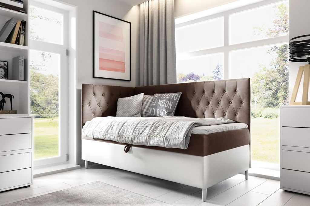 Kontinentales Bett 90x200 KAILI 3 - braun/weiß, Öffnung rechts + GRATIS Matratzenauflage