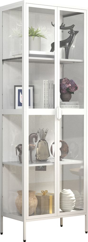 A tall, white glass display cabinet filled with decorative items.