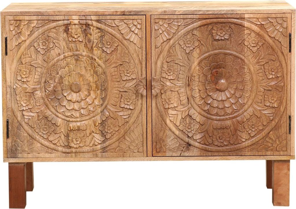 Marrakesch Vintage Kommode mit Türen aus Holz 105cm | Skandinavische Deko kleines Sideboard Komode Jahna handgeschnitzt für stilvolle Aufbewahrun...