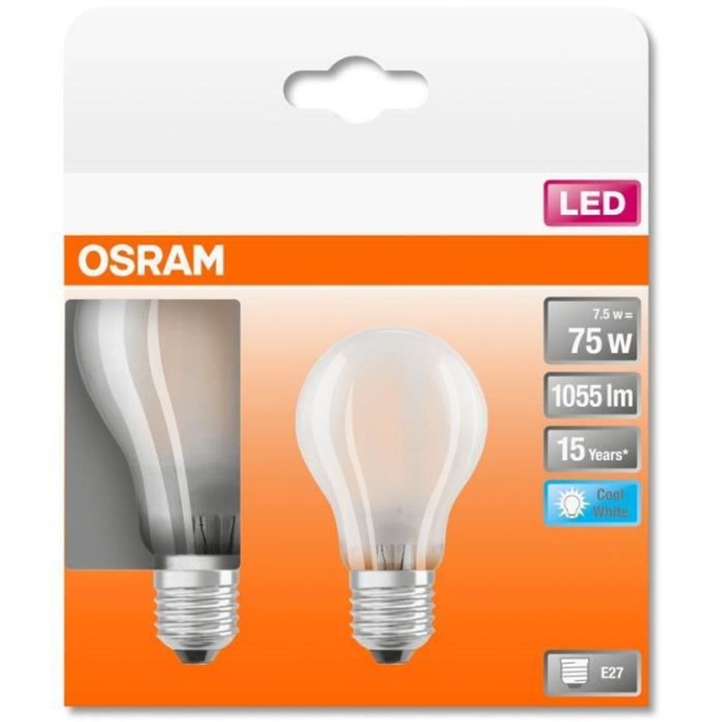 Packaging for a two-pack of OSRAM LED light bulbs.