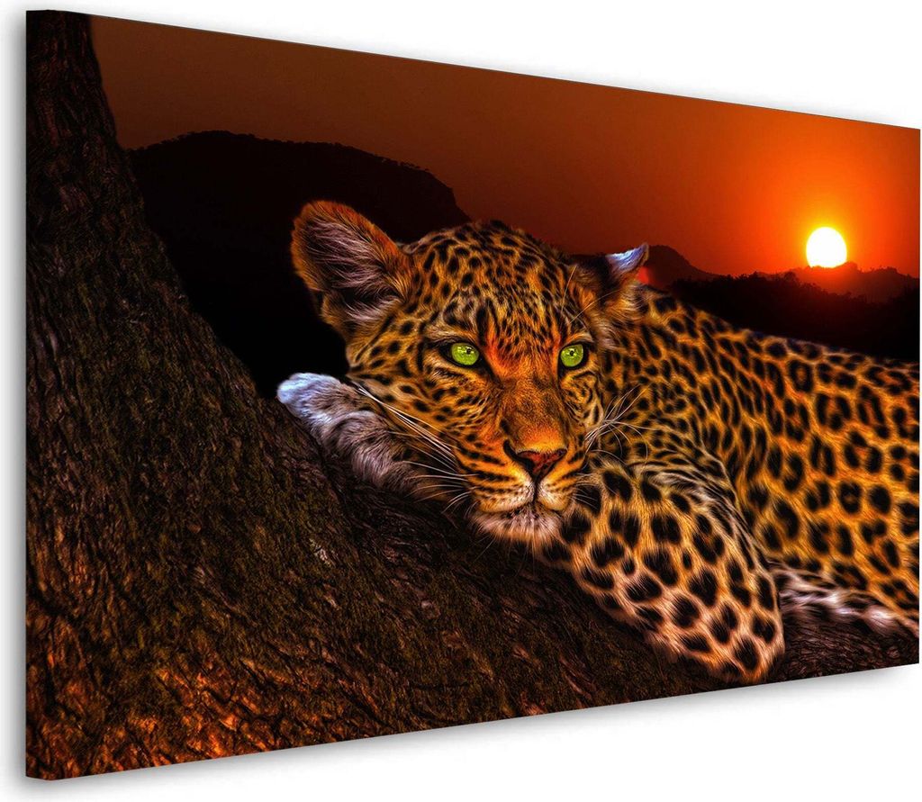 Raubkatze Leopard Sunset Wandbild Leinwandbild Tiere für Wohnzimmer: 60x40x2cm