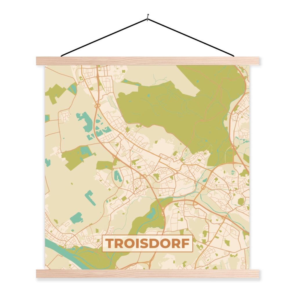 MuchoWow Textilposter Troisdorf - Jahrgang - Karte - Stadtplan 120x120 cm mit holzfarbenen Rahmen - Textil-Poster